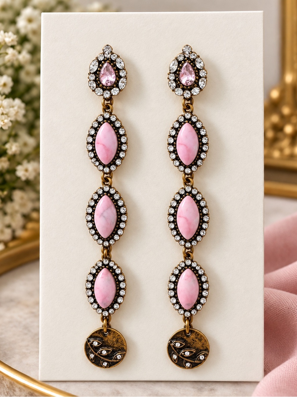 Classic Pink Drop Earrings with Rhinestones - Brand